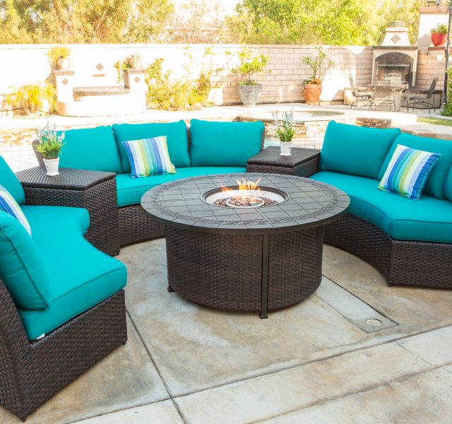 Teal patio furniture, outdoor seating and table